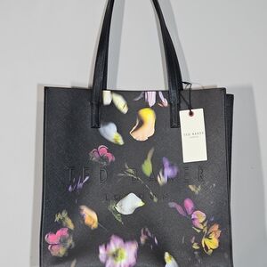 Ted Baker 'The Icon' Black Floral Leather Large Tote NWT
